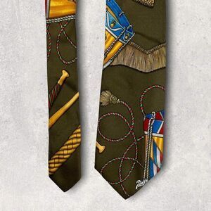 Hermes Paris Silk Necktie Red Equestrian Royal France Crest Emblem Designer